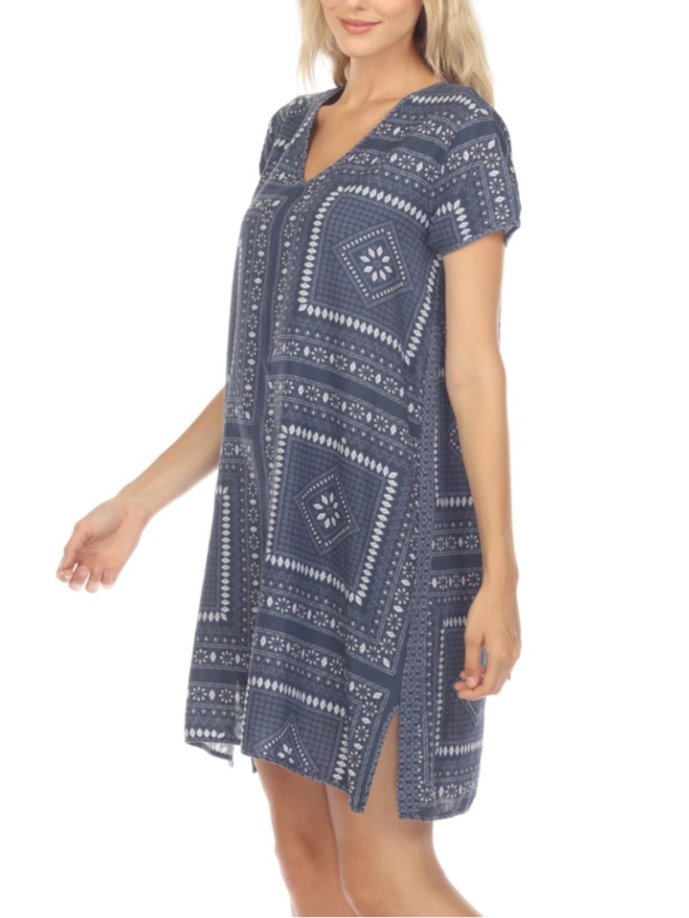 Johnny Was Sz S Dress Patched Ikat Drape Tunic Boho Chic Blue White Summer New
